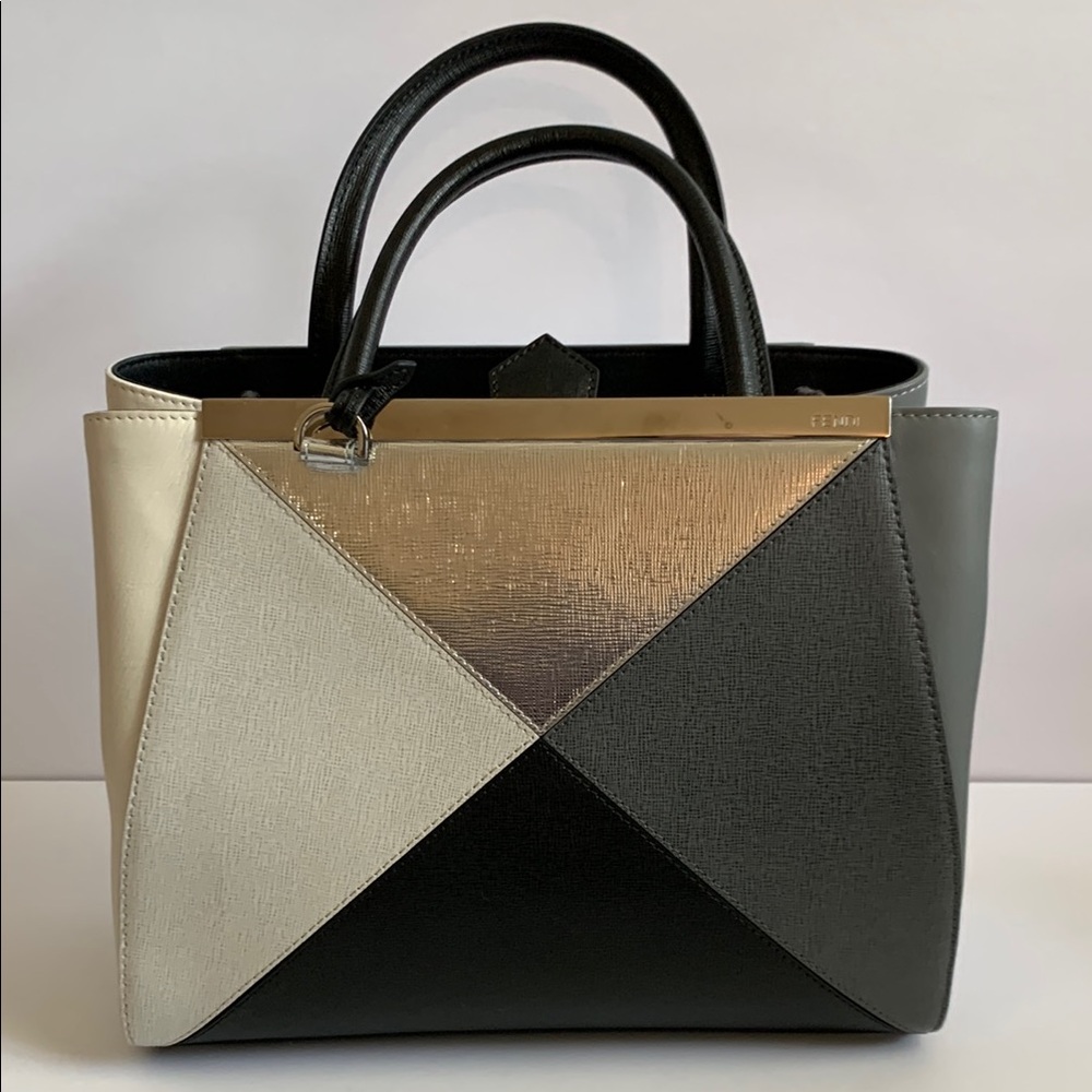 FENDI 2Jours Leather Handbag with Crossbody Strap in Silver, Grey, & Black